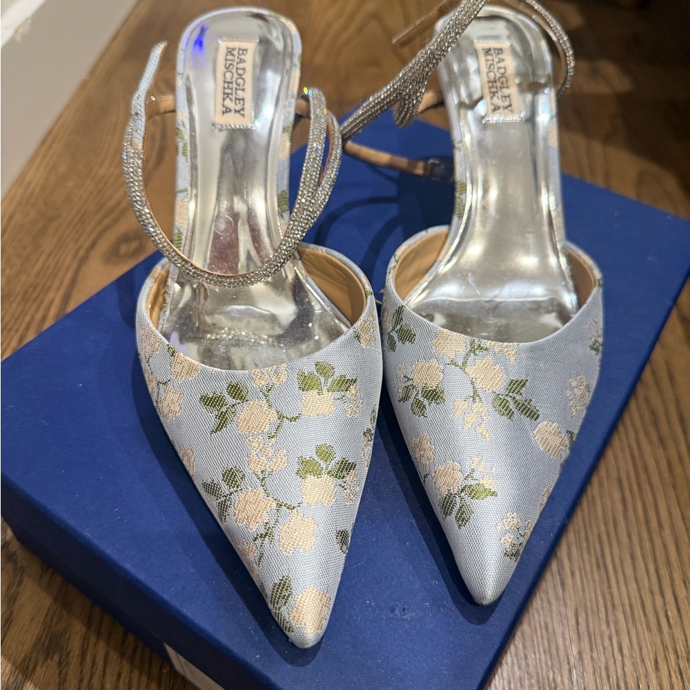 Badgley Mischka Light Blue Floral Pointed Toe Heels (Autumn Jacquard Pumps)
